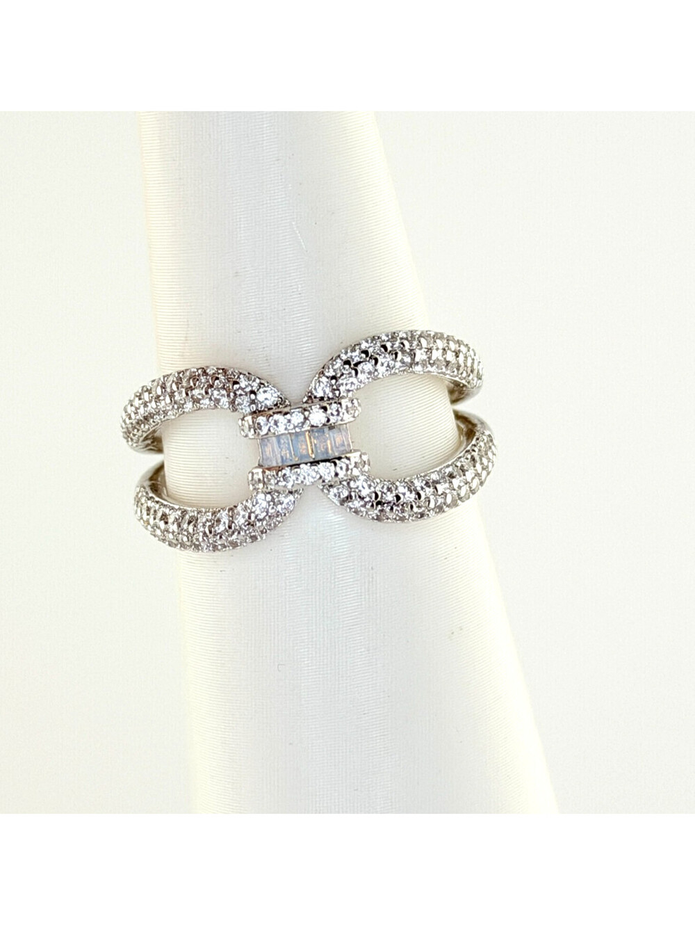 Bomb Party Ring Sz 8 "Tied Up In Sparkle" Moonstone on Rhodium RG55766